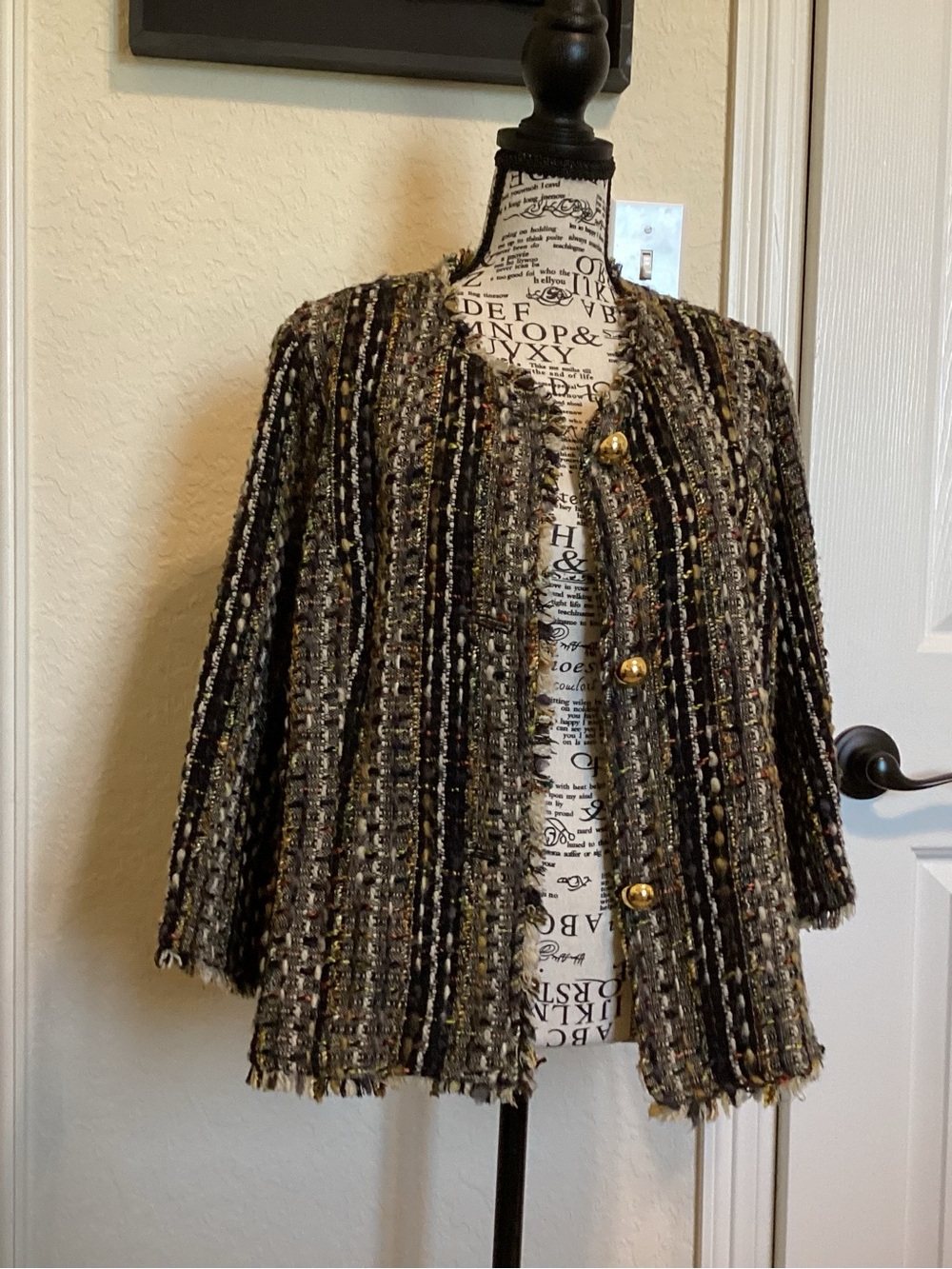 Womens Cabi Tweed Open-Front Jacket with Gold Buttons - Multi-Color